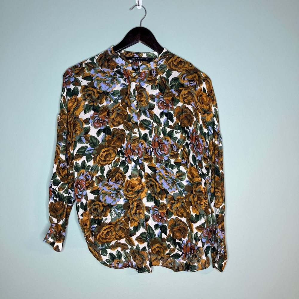 Zara Women vintage retro style floral pattern blouse size small